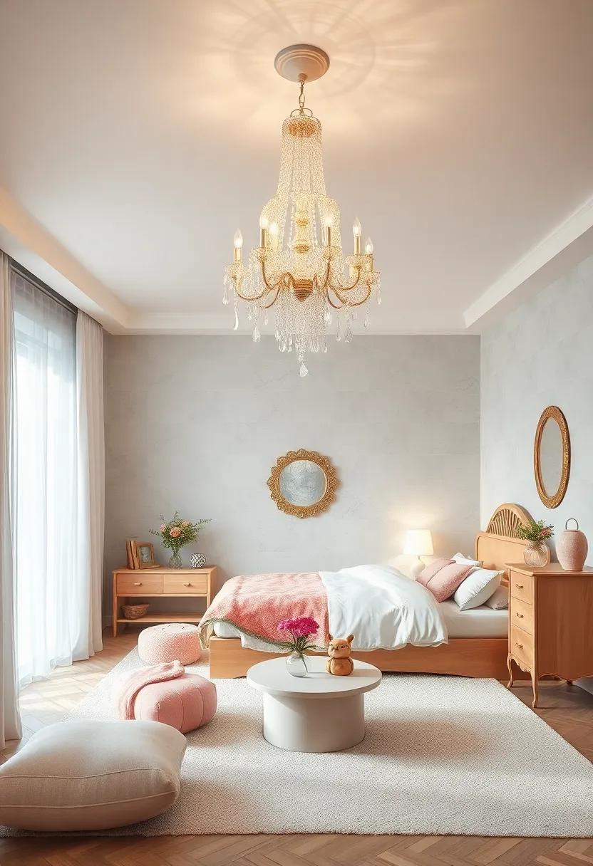 Elegant Crystal Chandelier Reflecting Soft Colors While Adding a Touch of Royalty and Fairy Tale Glamour Overhead