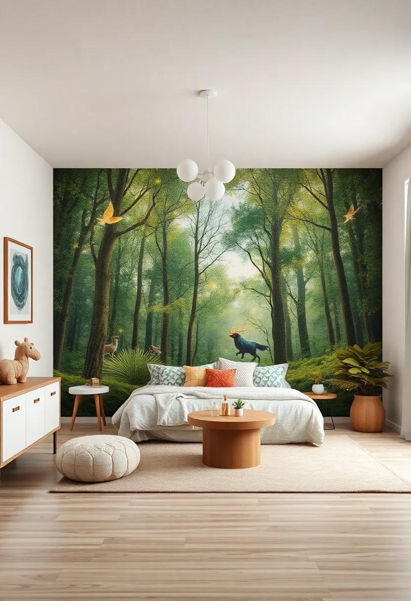 Whimsical Wall Murals Featuring Forest Scenes with Magical Creatures and Glittering Stars Illuminating the Space