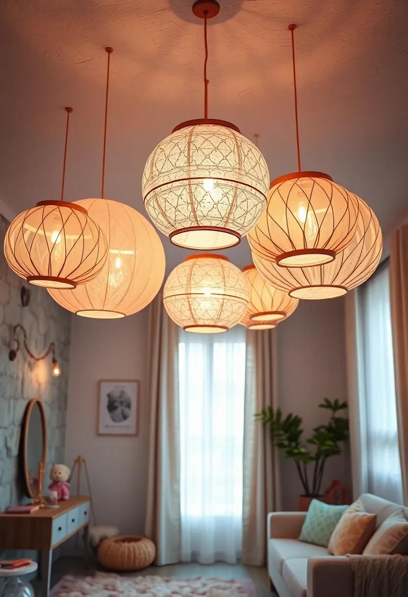 Intricate Paper Lanterns Hanging from the Ceiling with Iridescent Shades Reflecting Dreamy Fairy Tale Vibes