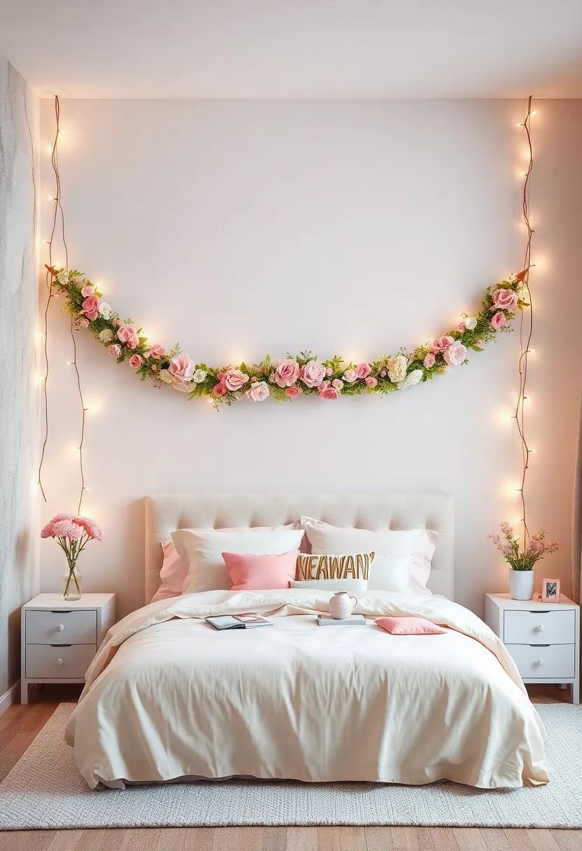 Delicate Flower Garland Headboards Framed with Twinkle Lights to Elevate the Dreamlike Sleeping Area Atmosphere