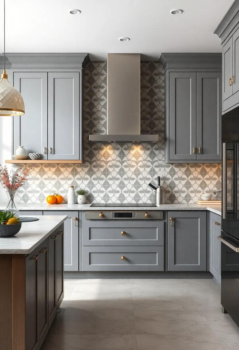 Artistic Geometric Tile Patterns Enhancing the Visual Appeal Behind Gray and White Kitchen Cabinets