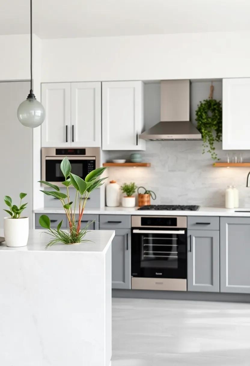 Delicate Greenery Accents in White Pots Elevating the Freshness of Gray and White Cabinet Designs