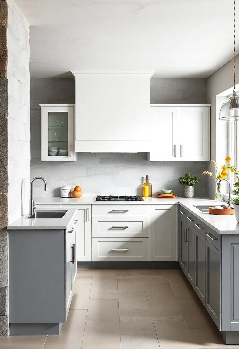 Elegant Gray and Crisp White Cabinets Paired with Sleek Metallic Hardware for a Modern Kitchen Look
