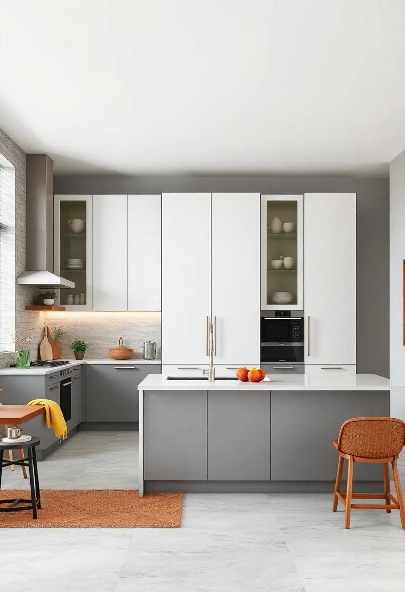 Floating Gray Cabinets Contrasted by Tall White Pantries Conveying a Sense of Space and Openness