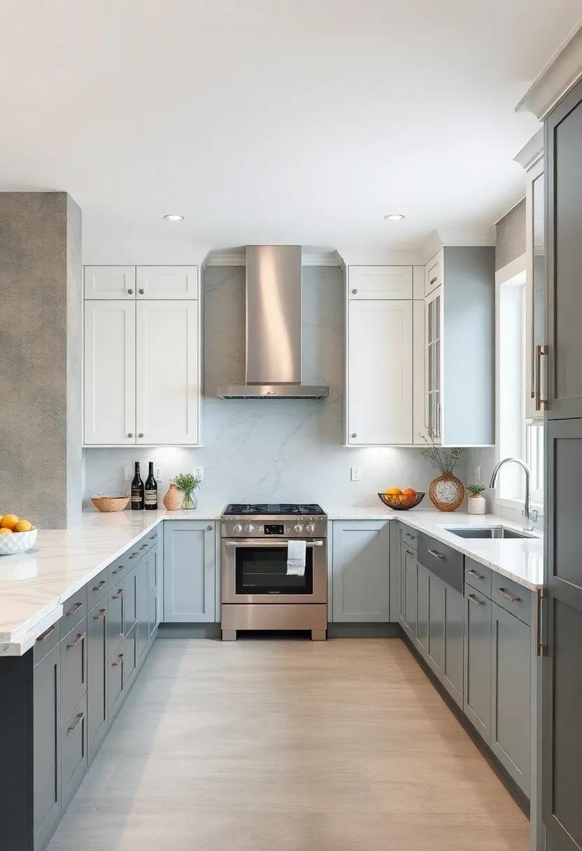 High-Gloss White Cabinets Juxtaposed with Matte Gray Cabinets for a Sophisticated Kitchen Contrast