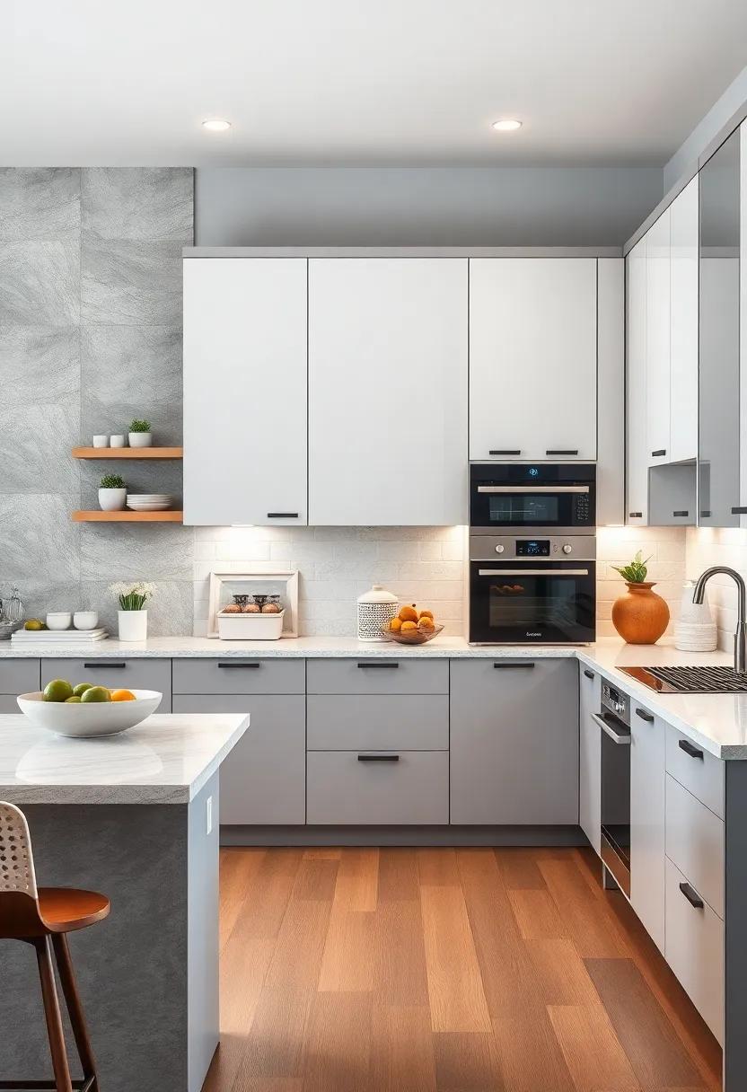 Integrated Kitchen Appliances Seamlessly Blending with Gray and White Cabinets for a Streamlined Look