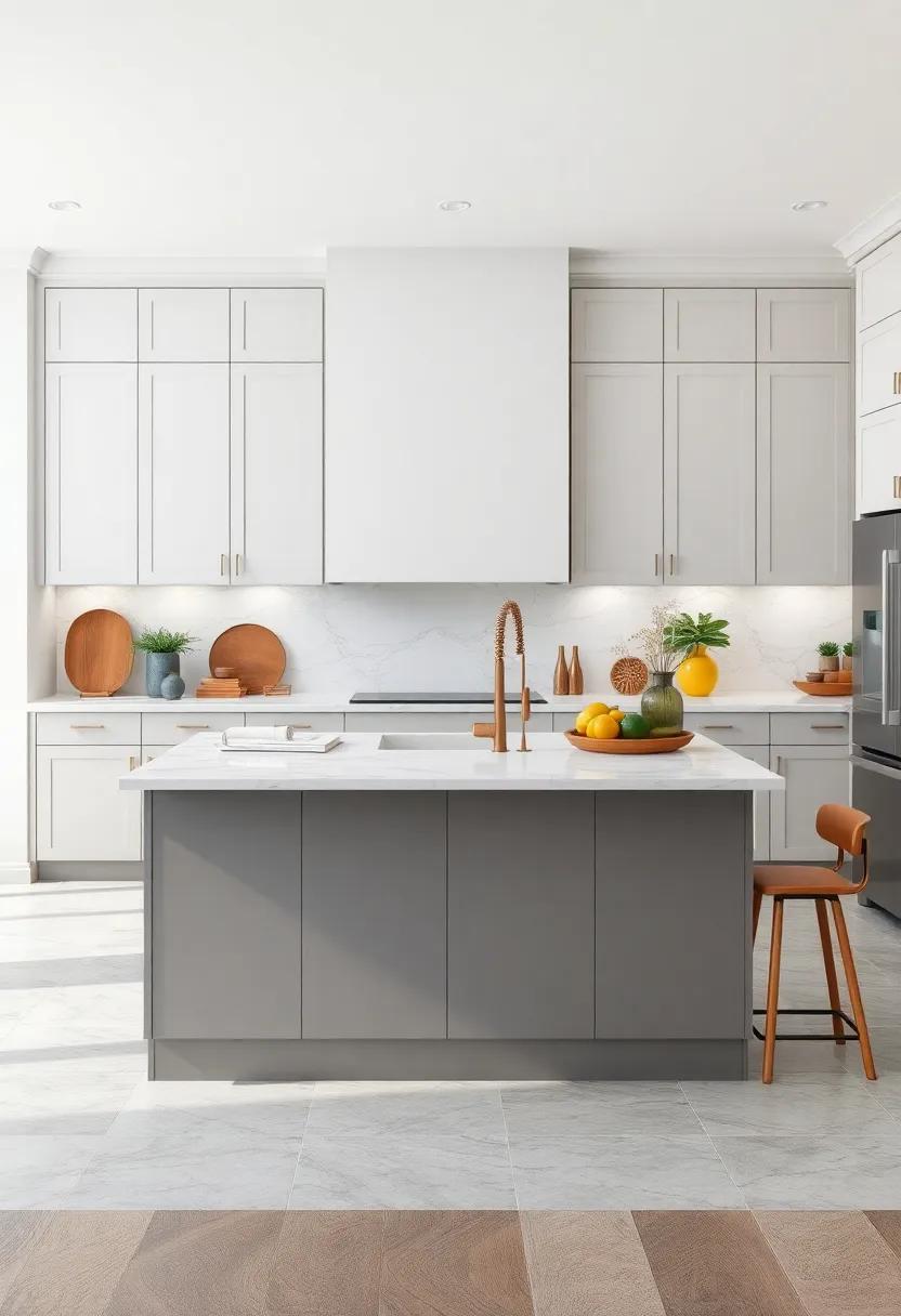 Minimalist Kitchen Island with Gray Base and White Countertop Cabinets Set Against Marble Backsplash
