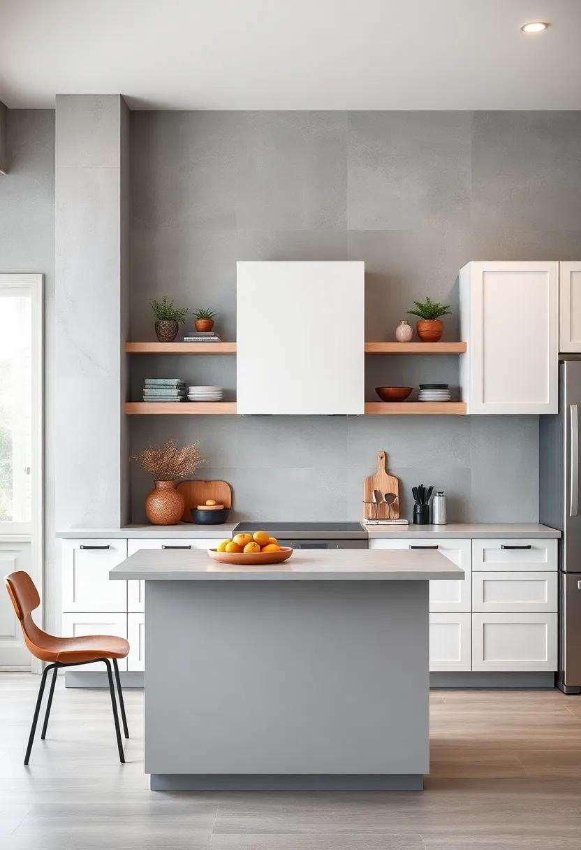Neutral Gray Shelves Layered with White Cabinet Doors Creating Visual Harmony and Balance