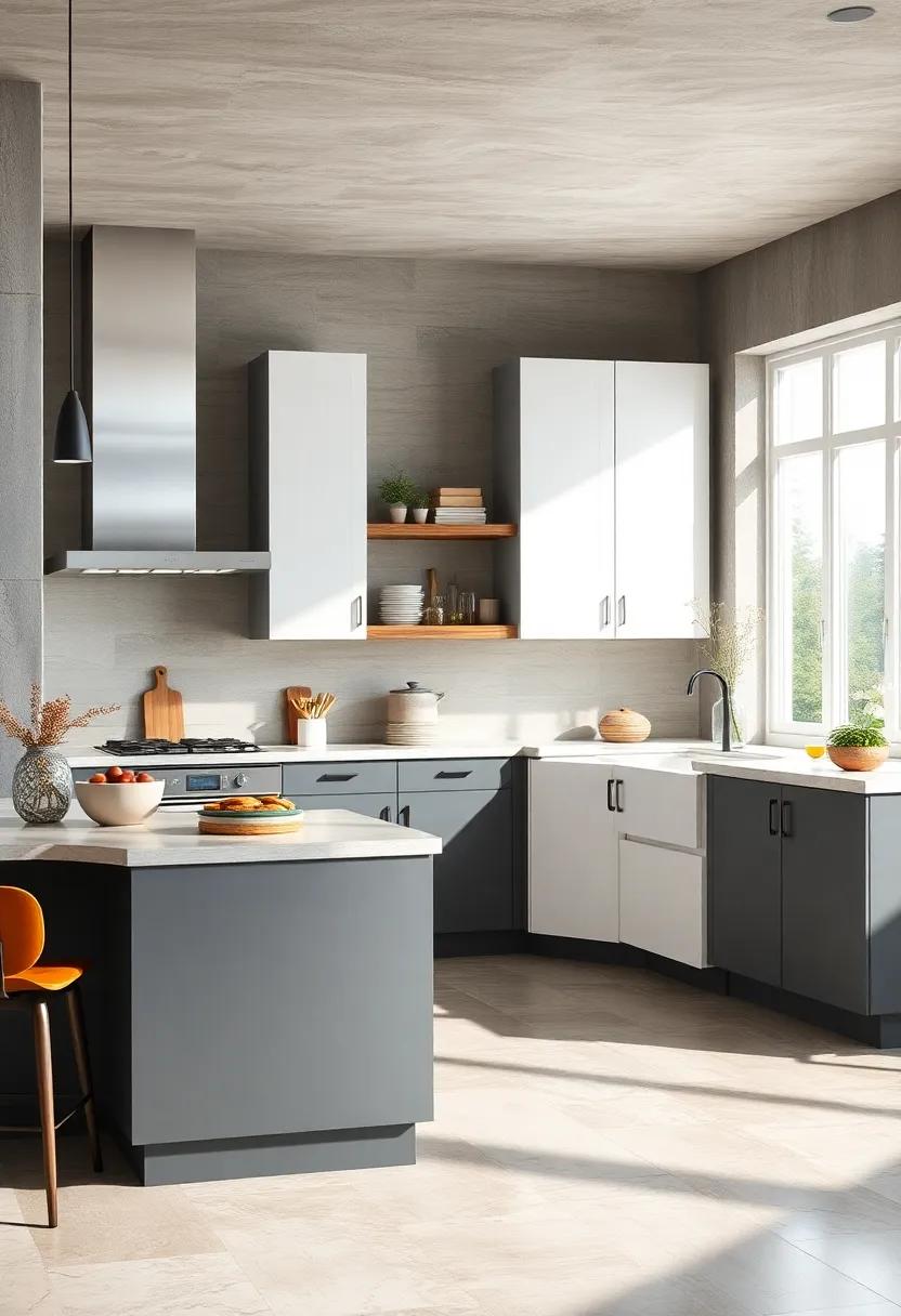 Panoramic Window Highlighting Natural Sunlight Reflecting Off Matte Gray and Glossy White Cabinets