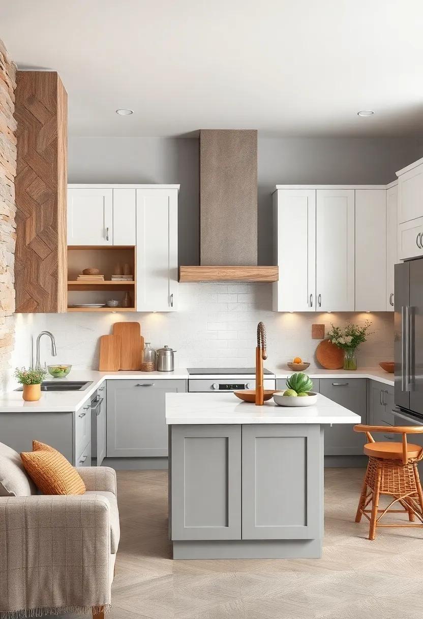 Rustic Wood Elements Contrasting Smooth Gray and White Cabinets to Create a Warm Kitchen Ambiance