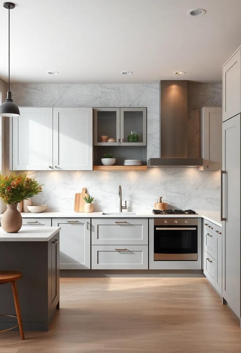 Soft Lighting Accentuating the Subtle Tones of Gray and White Kitchen Cabinets in a Cozy Space