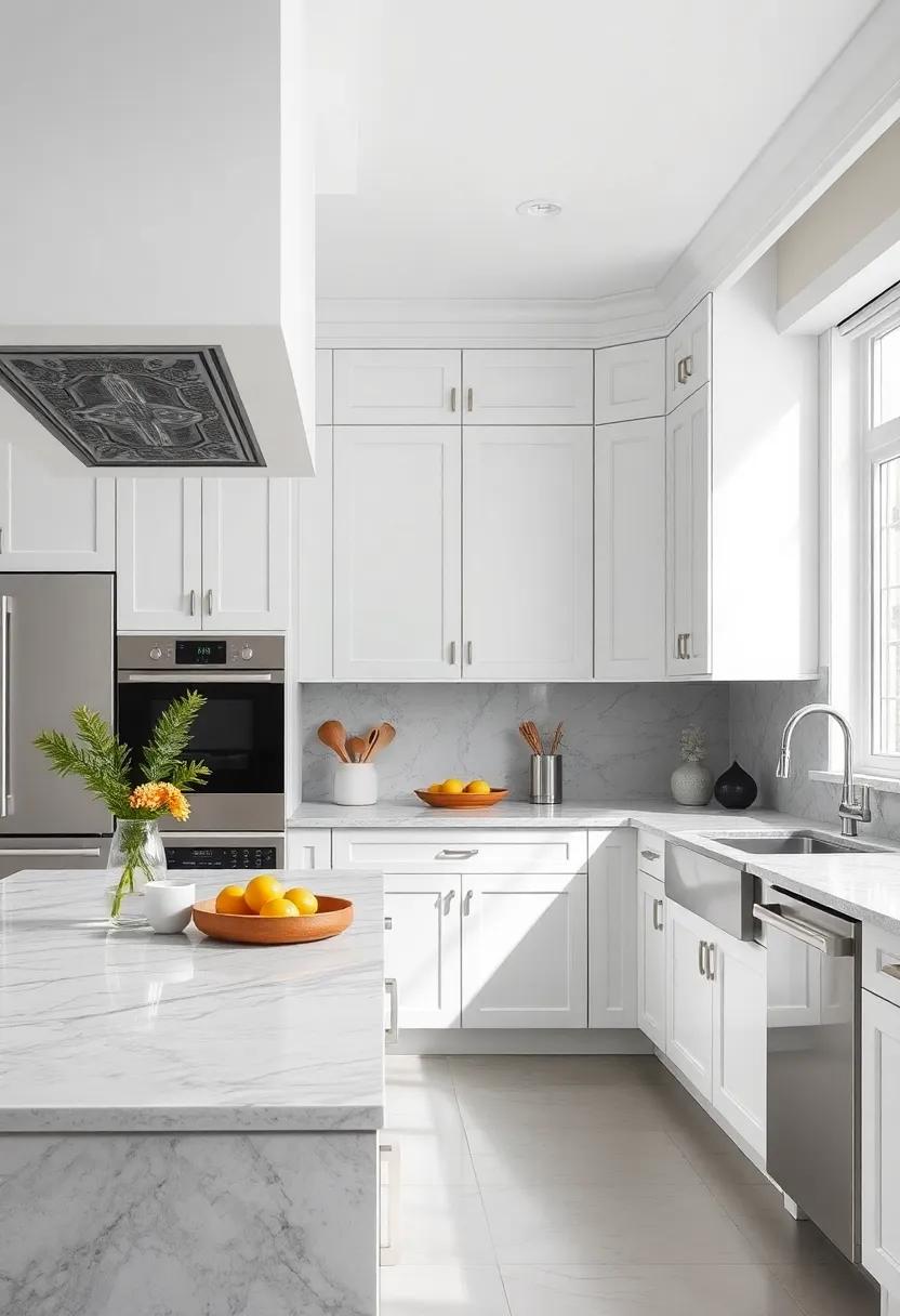 Subtle Marble Veining on Countertops Reflecting the Cool Gray and Bright White Cabinet Colors