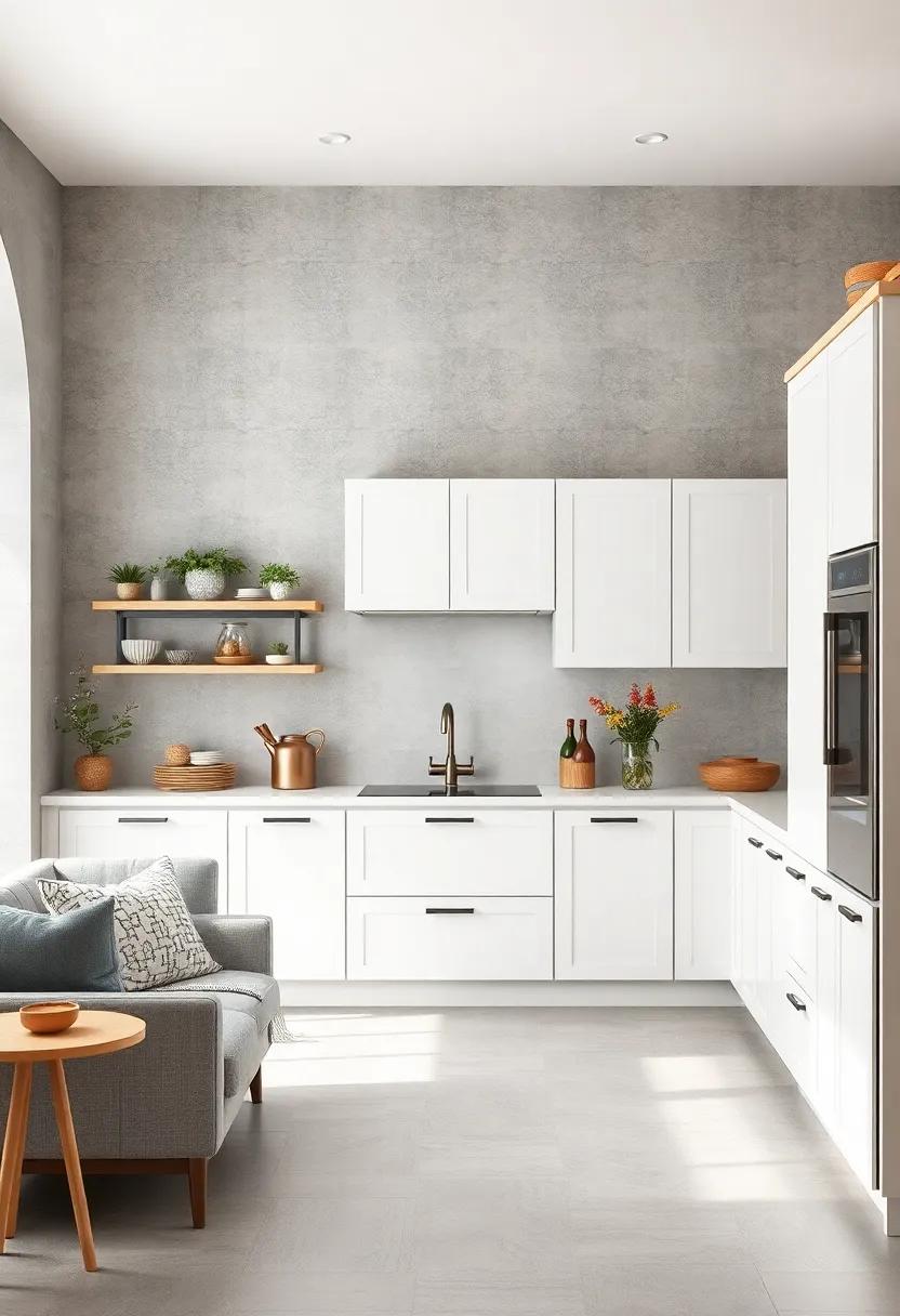 Textured Walls in Pale Gray Enhancing the Crispness and Cleanliness of White Cabinets in an Airy Kitchen