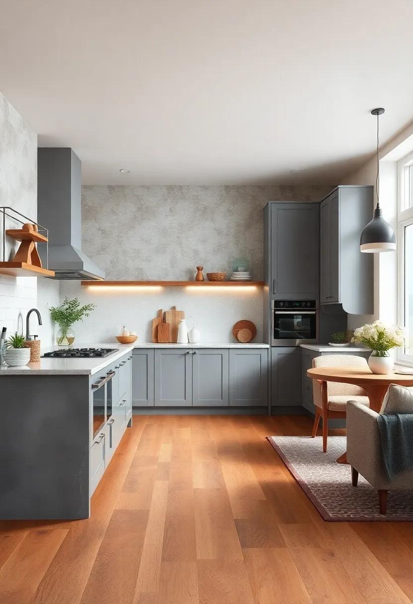 Warm Wooden Flooring Softening the Coolness of Gray and White Cabinets in a Contemporary Kitchen