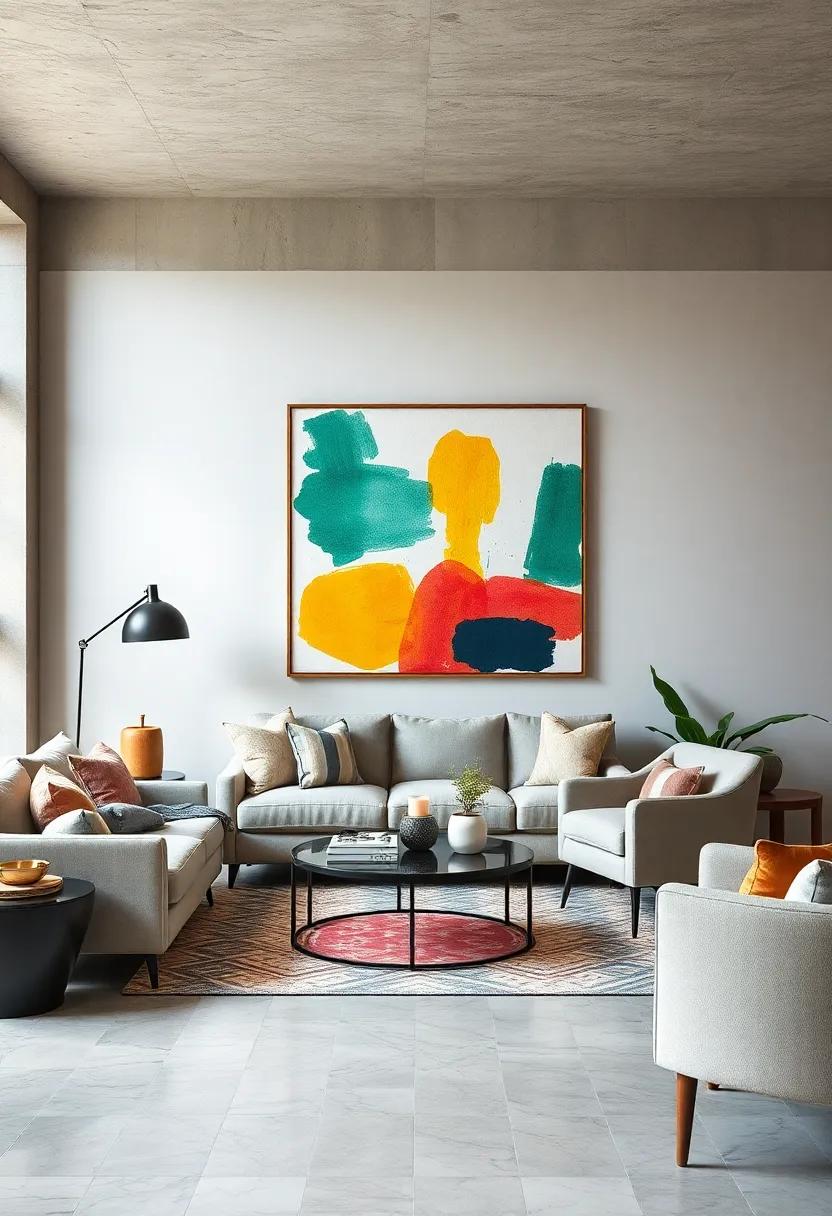 Highlighting Artistic Brushstroke Prints Coupled With Minimalist Furniture for a Gallery-Inspired Appeal