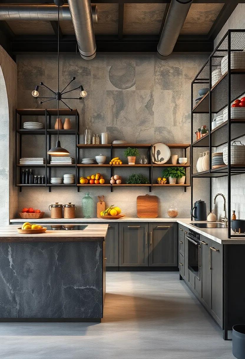 The Artistic Appeal of Oversized Metal Racks Displaying Fresh Produce and Kitchenware in Bold Industrial Kitchens
