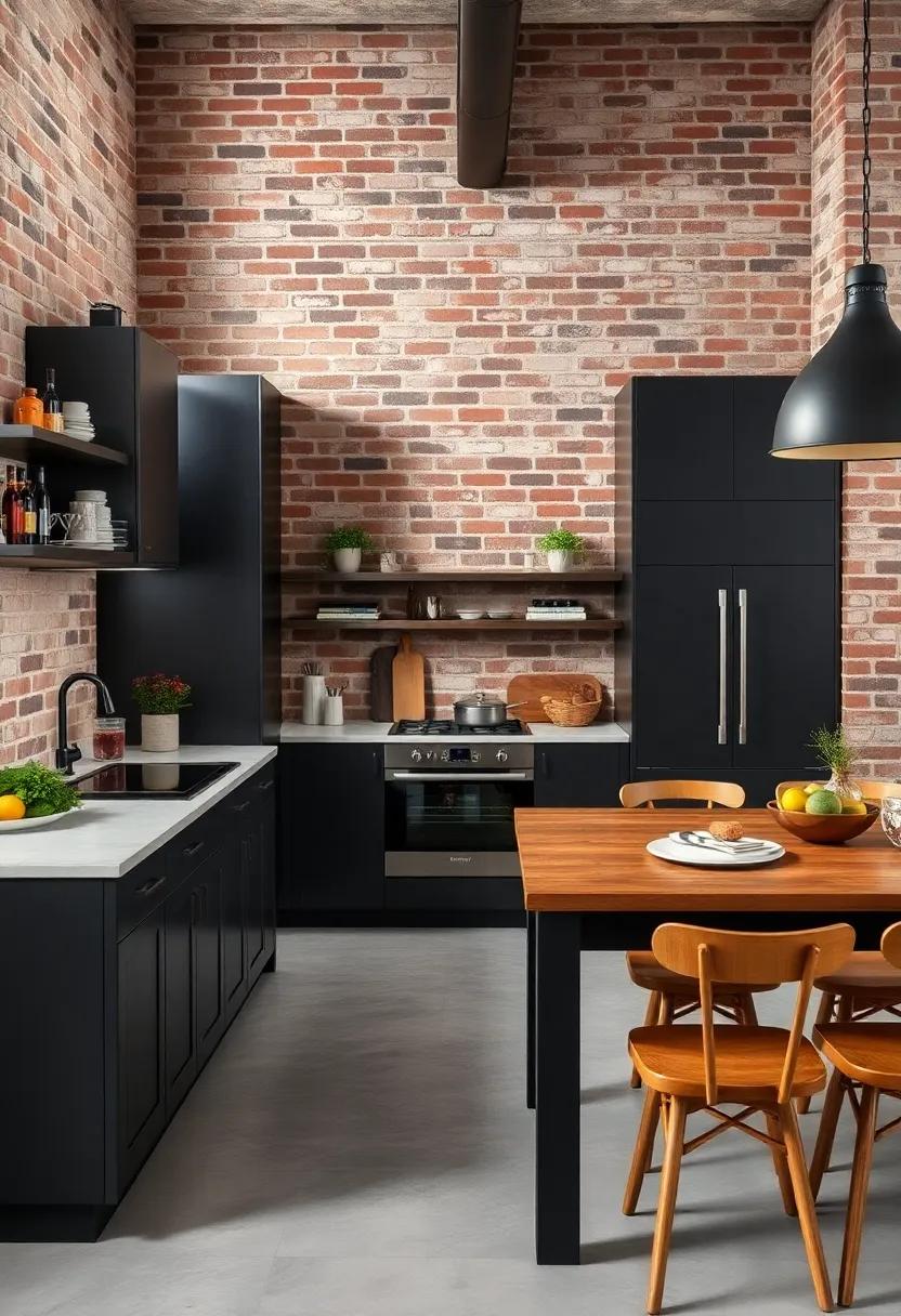 Bold Industrial Chic Featuring Matte Black Steel Cabinets and Exposed Brick Backdrops in Modern Kitchens