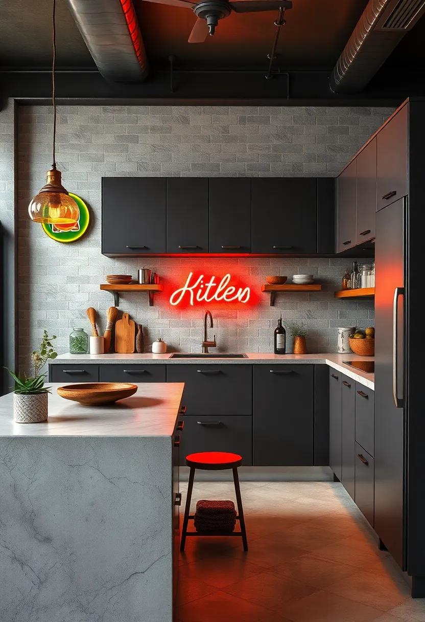 The Bold Statement of Matte Finish Metal Cabinets Interspersed with Retro Neon Signs in Trendy Industrial Kitchens