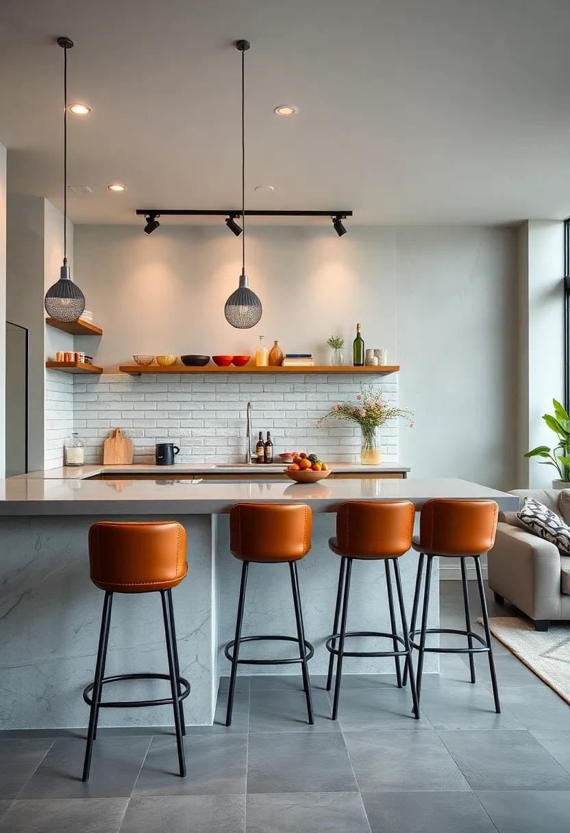 Brushed Aluminum Counter Edges and Leather Barstools Blending Comfort and Sleekness in Industrial Kitchen Units