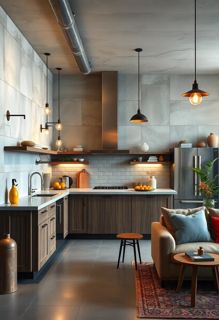 Creating Ambiance with Mixed Metal Fixtures and Industrial Pendant Lighting in a Sleek Kitchen Environment