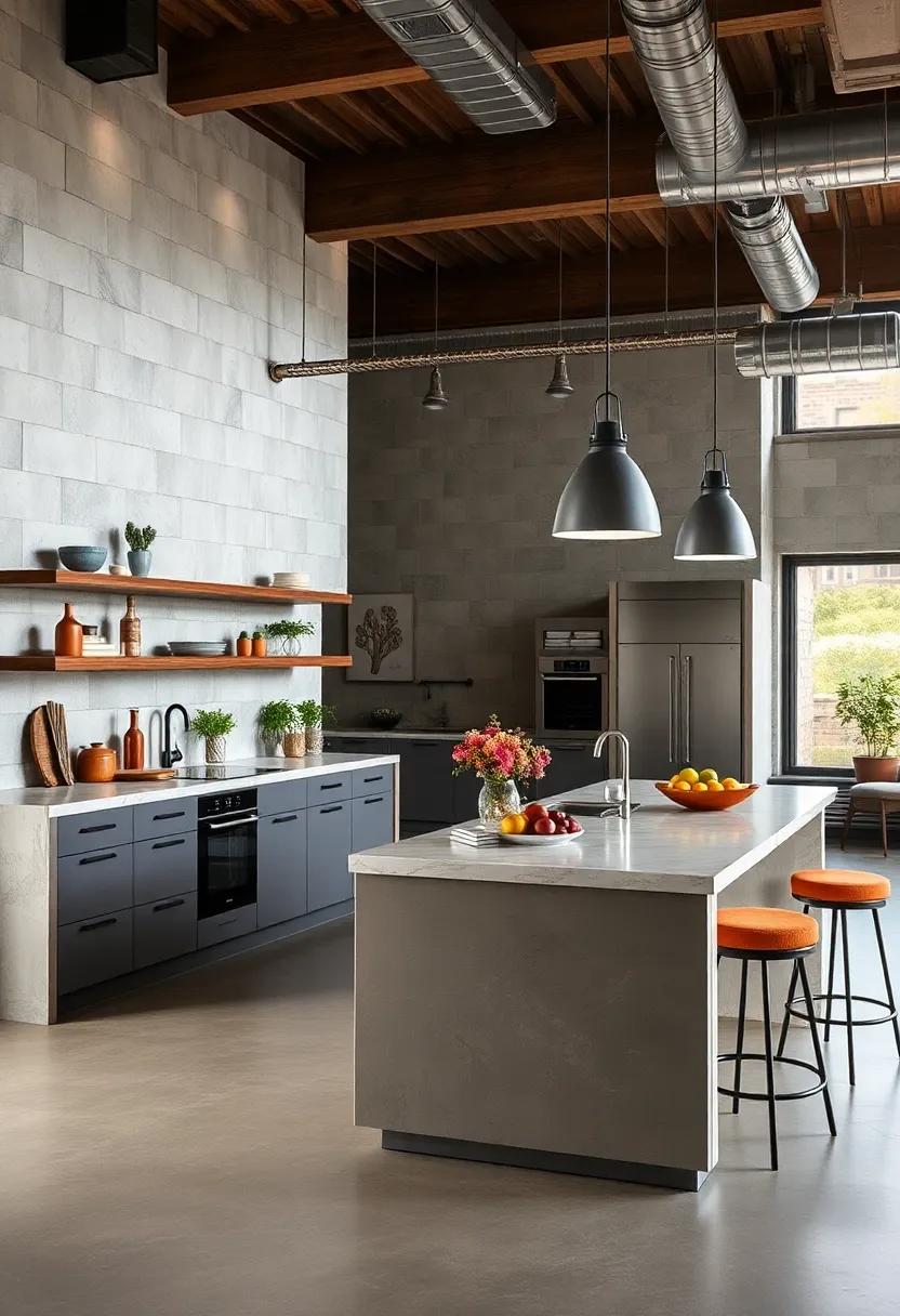 Customizable Modular Kitchen Islands Incorporating Industrial Elements with Vibrant, Colorful Seating Options