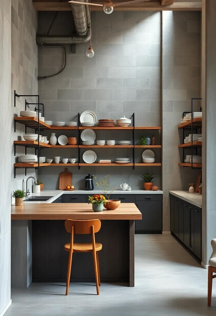 The Intersection of Functional Open Shelving and Artisanal Ceramic Dishes in Contemporary Industrial Kitchens