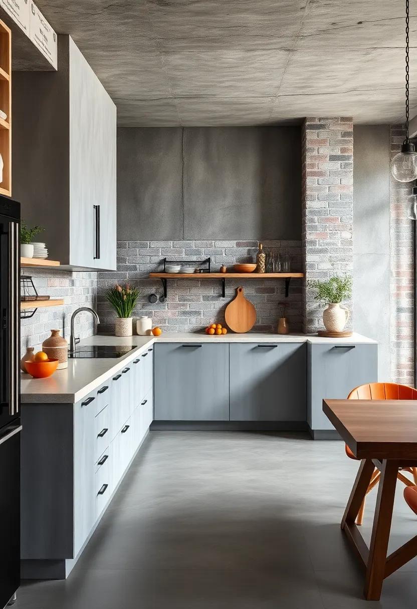 Layered Textures of Polished Concrete, Rough Brick and Smooth Chrome Delivering Depth in Kitchen Designs
