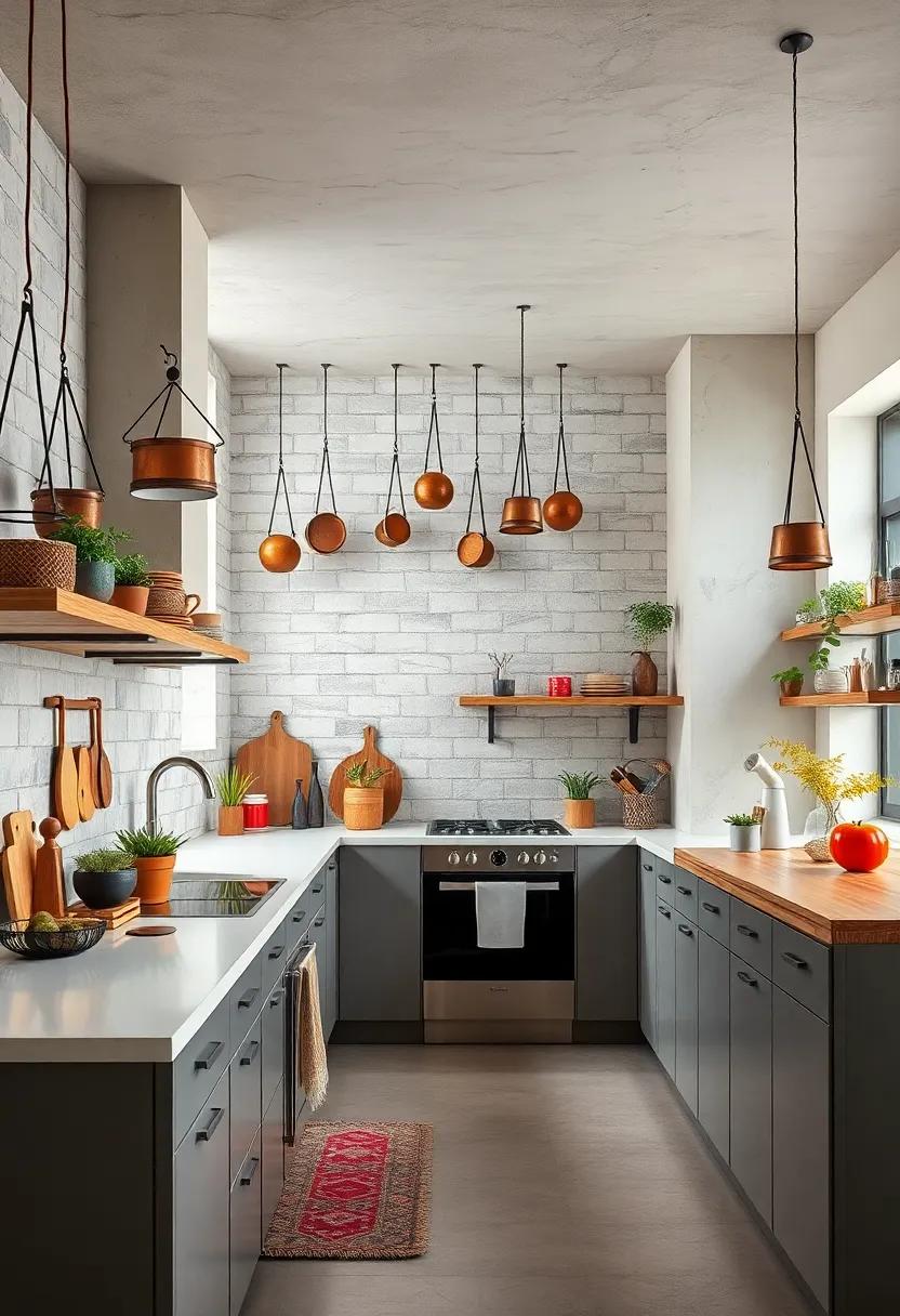 Organized Chaos Expressed Through Multi-Level Countertops and Hanging Pots in a Modern Industrial Kitchen