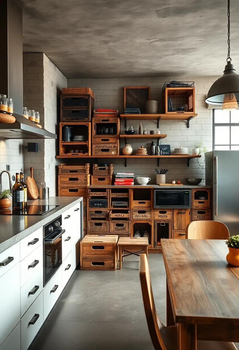 Stacked Vintage Crates Serving as Creative Storage Solutions in an Eclectic Modern Industrial Kitchen
