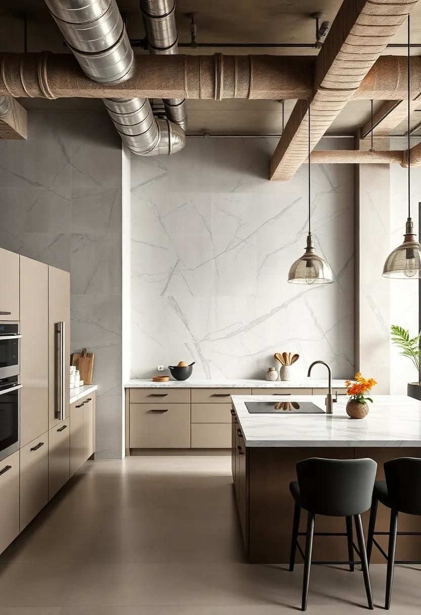 The Visual Drama of Exposed Ductwork Combined with Polished Marble Surfaces in Industrial Kitchen Settings