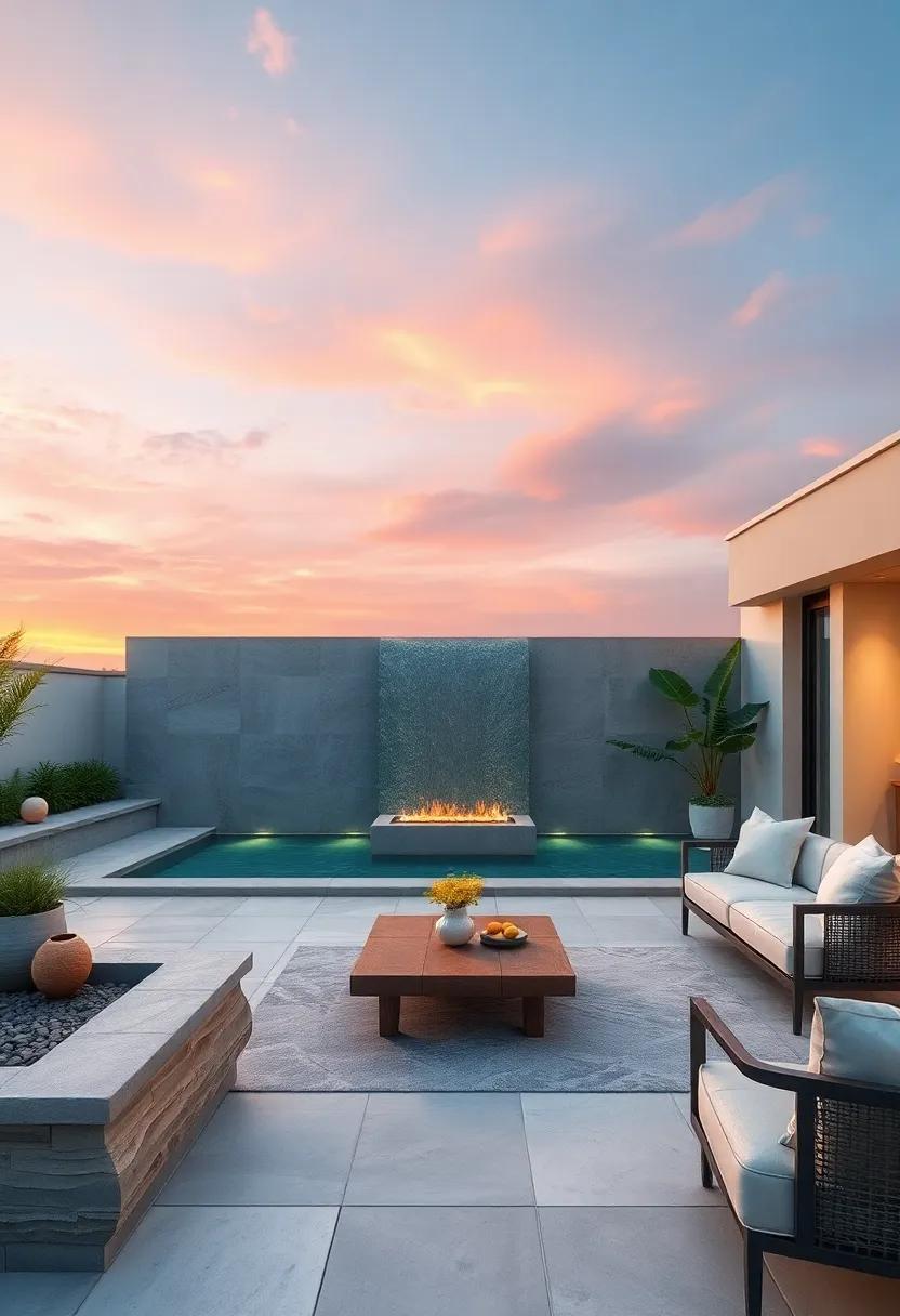 Serene Patio Oasis Featuring A Reflective Infinity Water Wall Against A Sunset Sky