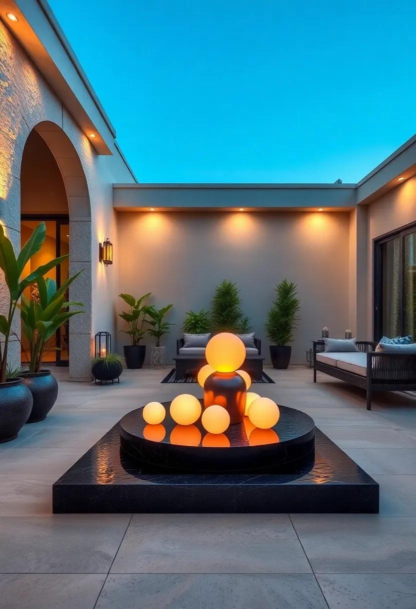 Enchanting Evening Patio With Glowing Floating Orbs Over A Serene Black Granite Water Basin