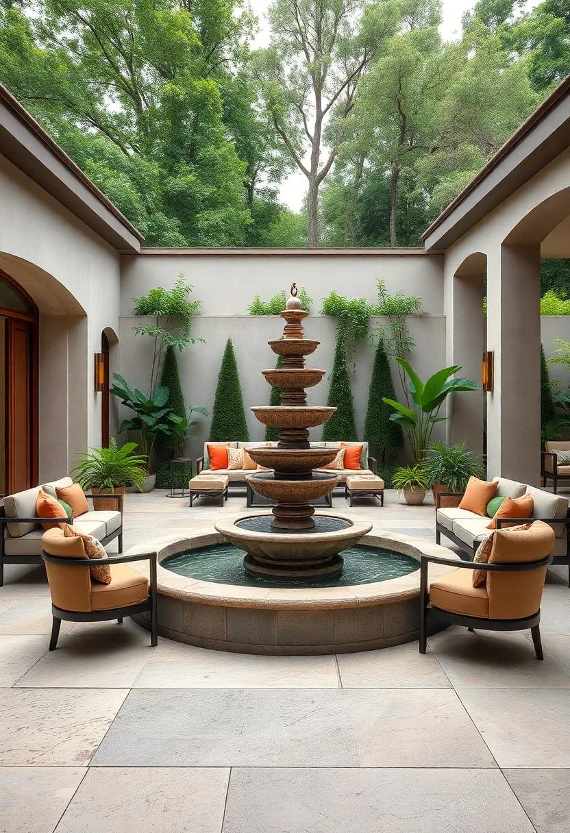 Lush Garden Patio With A Central Multi-Tiered Stone Fountain Surrounded By Comfortable Seating
