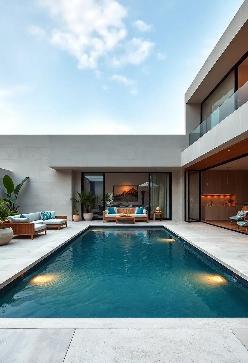 Modern Minimalist Patio With Sleek Rectangular Pool Incorporating Smooth Water Flow And LED Lighting