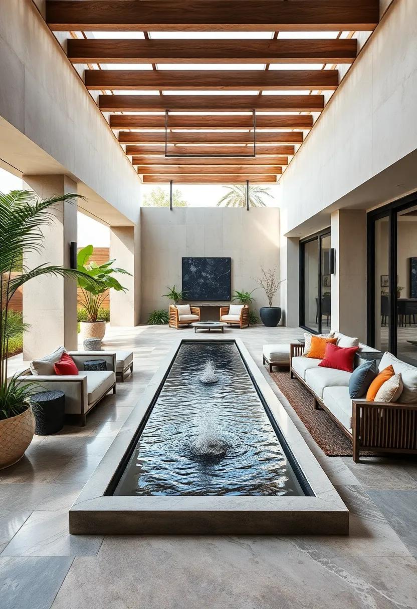 Contemporary Outdoor Space Highlighted By A Geometric Water Mirror And Sculptural Plant Arrangements