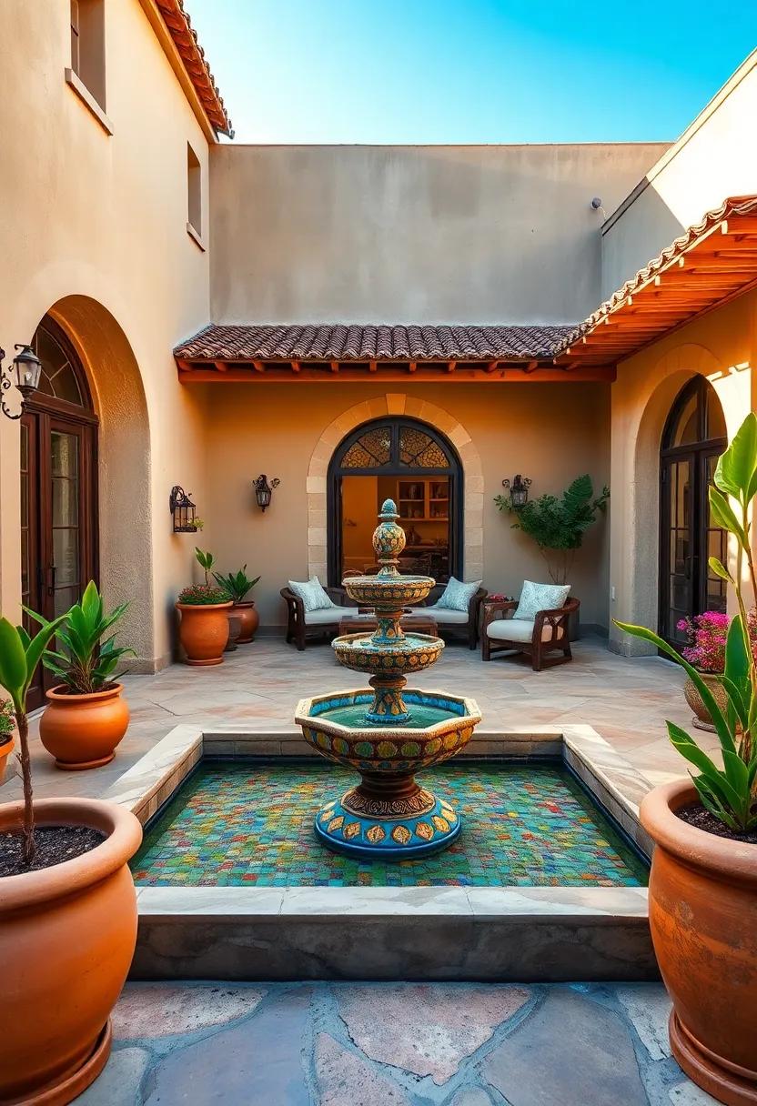 Vintage Mediterranean Patio With A Colorful Mosaic Fountain Framed By Rustic Terracotta Pots