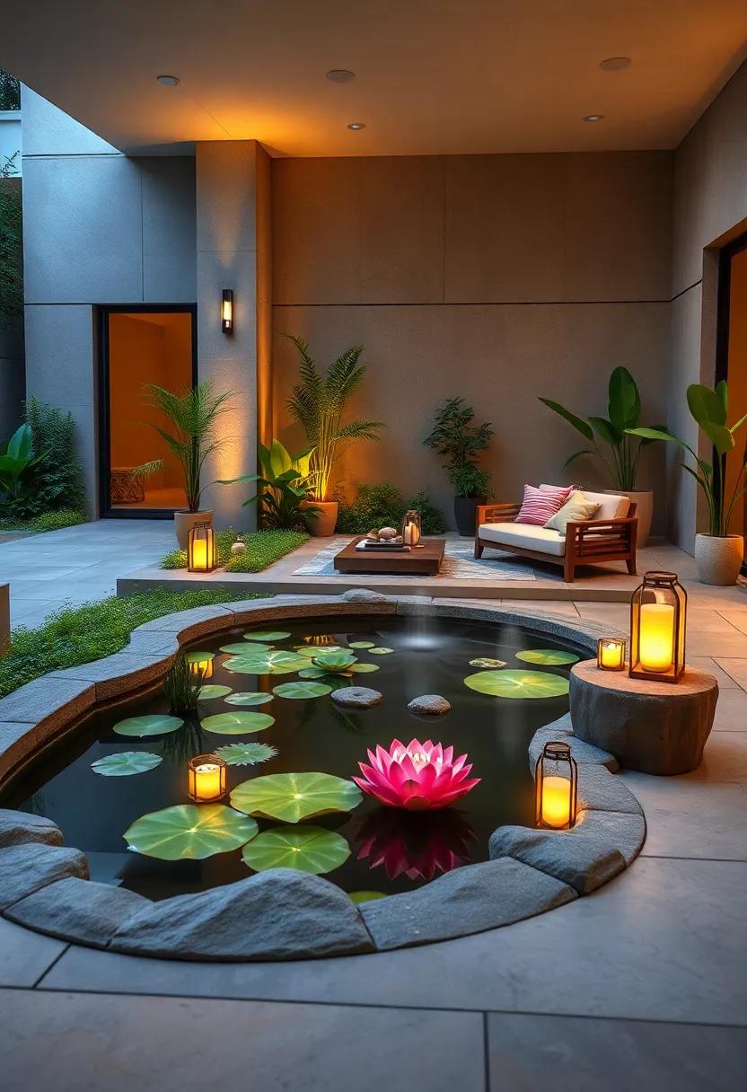 Artistic Patio Installation Featuring A Wall-Mounted Water Curtain Highlighted By Soft Ambient Lighting