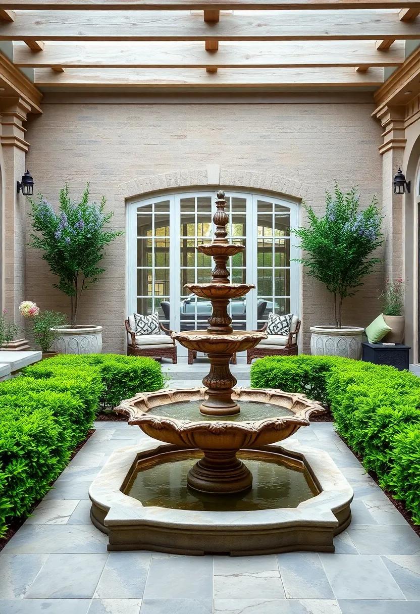 Classic Victorian Inspired Patio With An Ornate Tiered Fountain Surrounded By Manicured Hedges