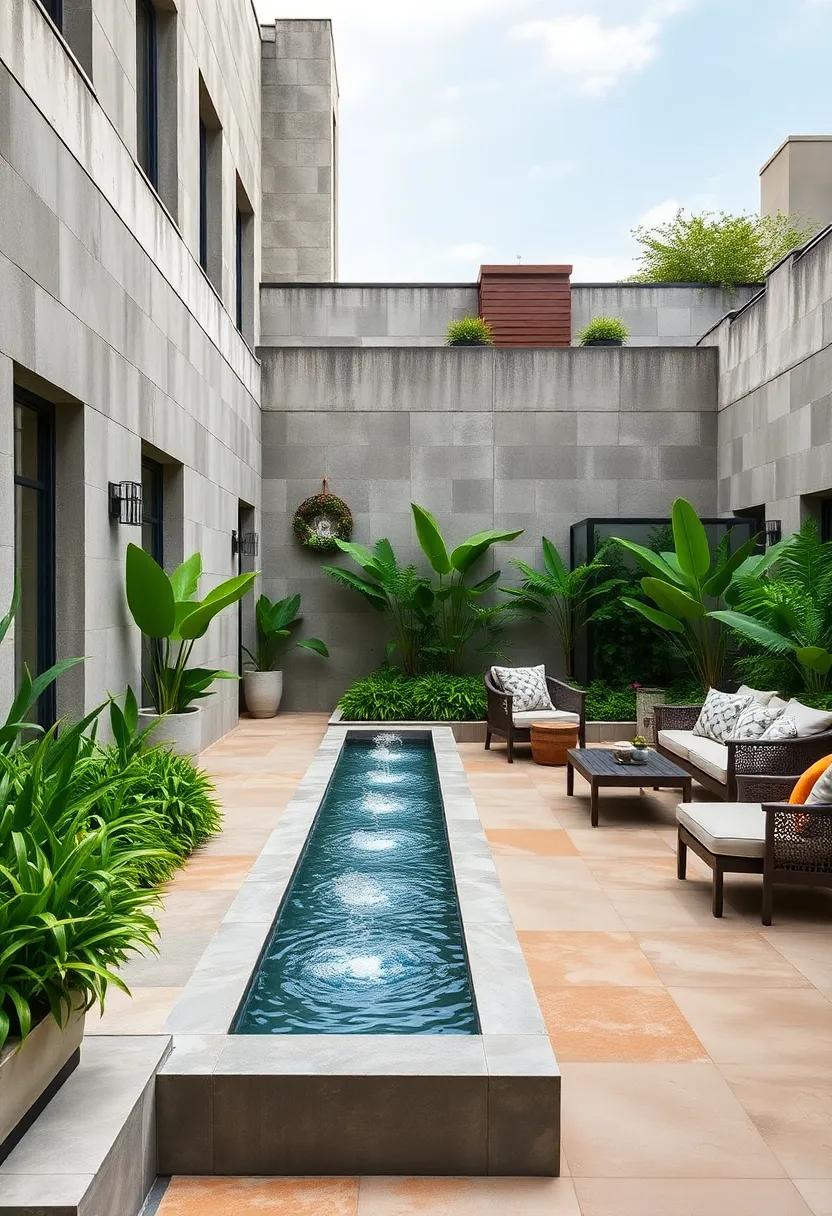 Chic Urban Rooftop Patio Incorporating A Sleek Linear Water Jet Display Surrounded By Greenery