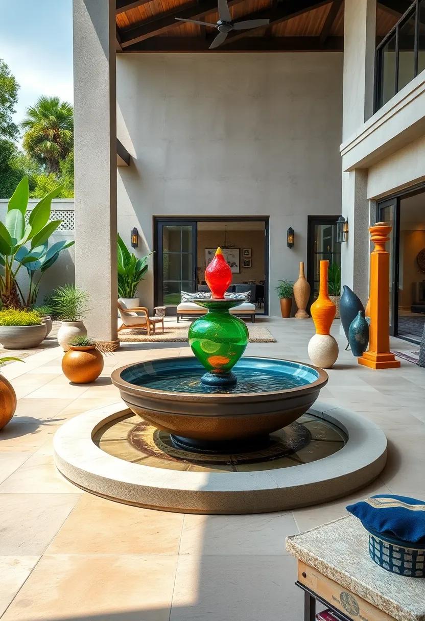 Coastal Inspired Patio With A Wave-Shaped Reflecting Pool Fringed By White Sand And Palm Trees