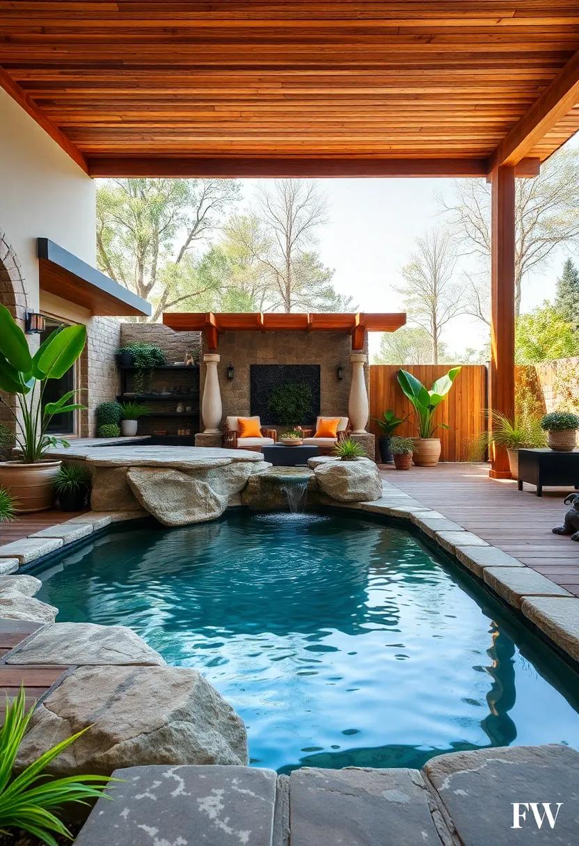 Rustic Wooden Deck Patio Enhanced By A Natural Rock Waterfall Cascading Into A Crystal Clear Pond