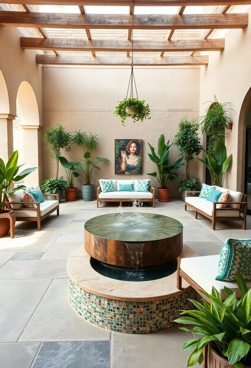 Bohemian Patio With A Mosaic-Tiled Basin Fizzing With Gentle Water Jets Amidst Lush Hanging Plants