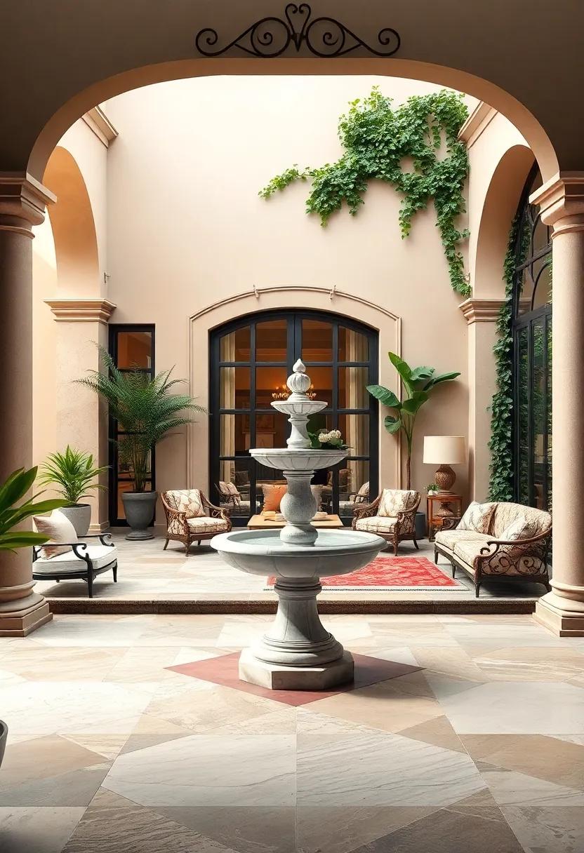 Elegant Courtyard Patio Showcasing A Classic Marble Fountain Framed By Ornate Ironwork And Ivy