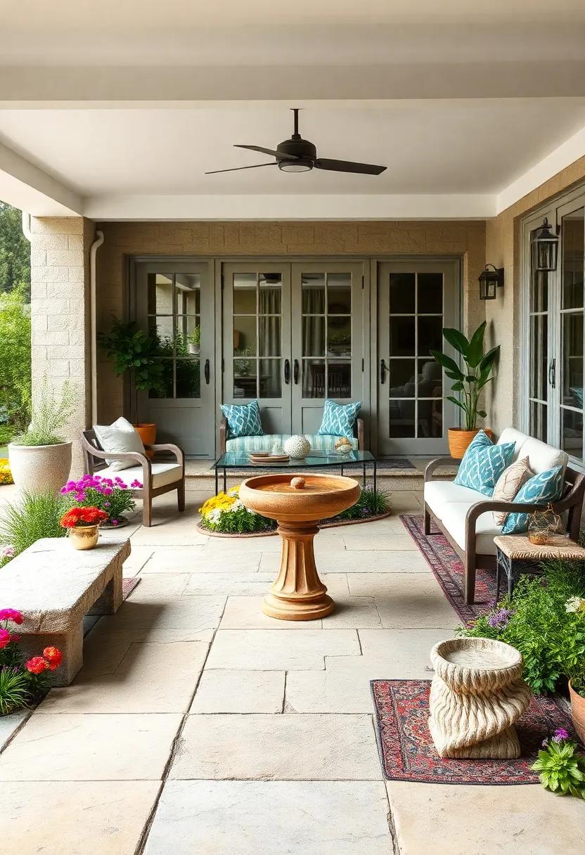 Country Style Patio With A Tranquil Bird Bath Set Among Wildflowers And Weathered Stone Benches