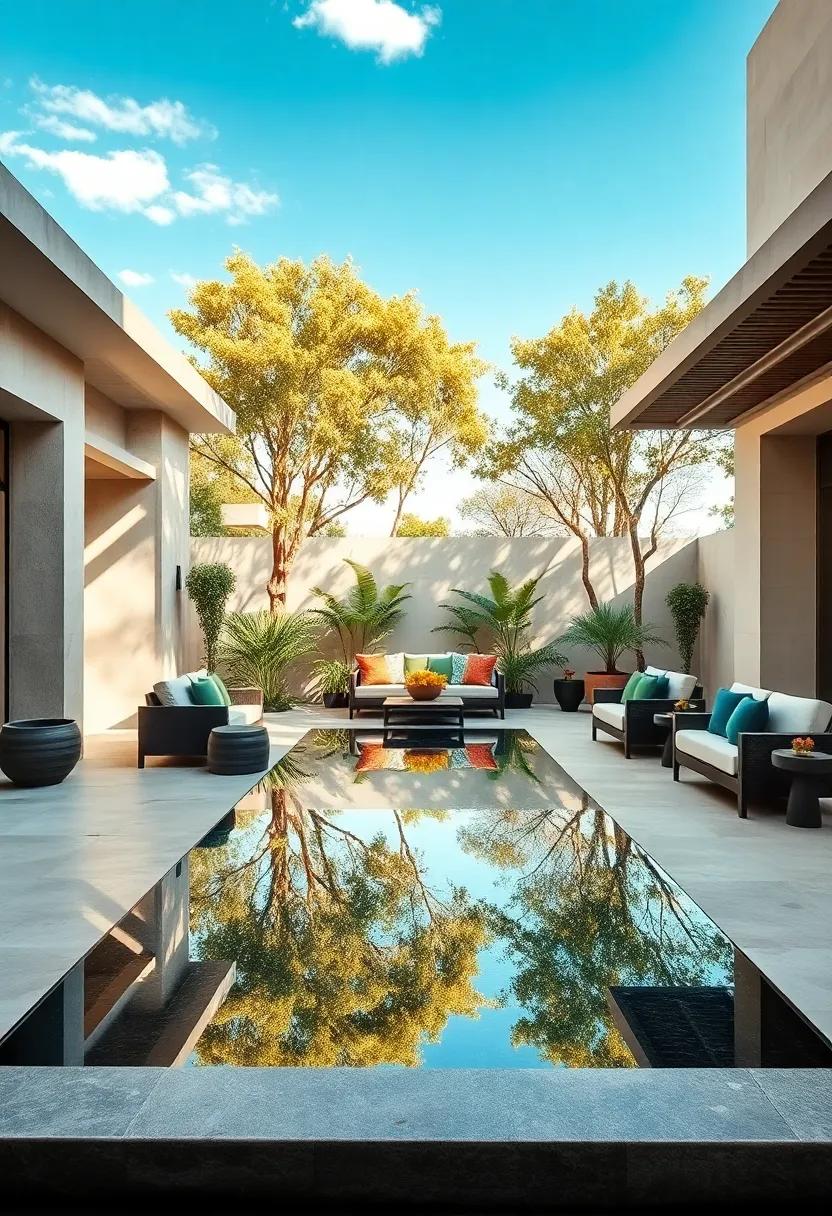 Contemporary Patio With A Reflective Water Table Designed To Mirror The Sky And Surrounding Trees