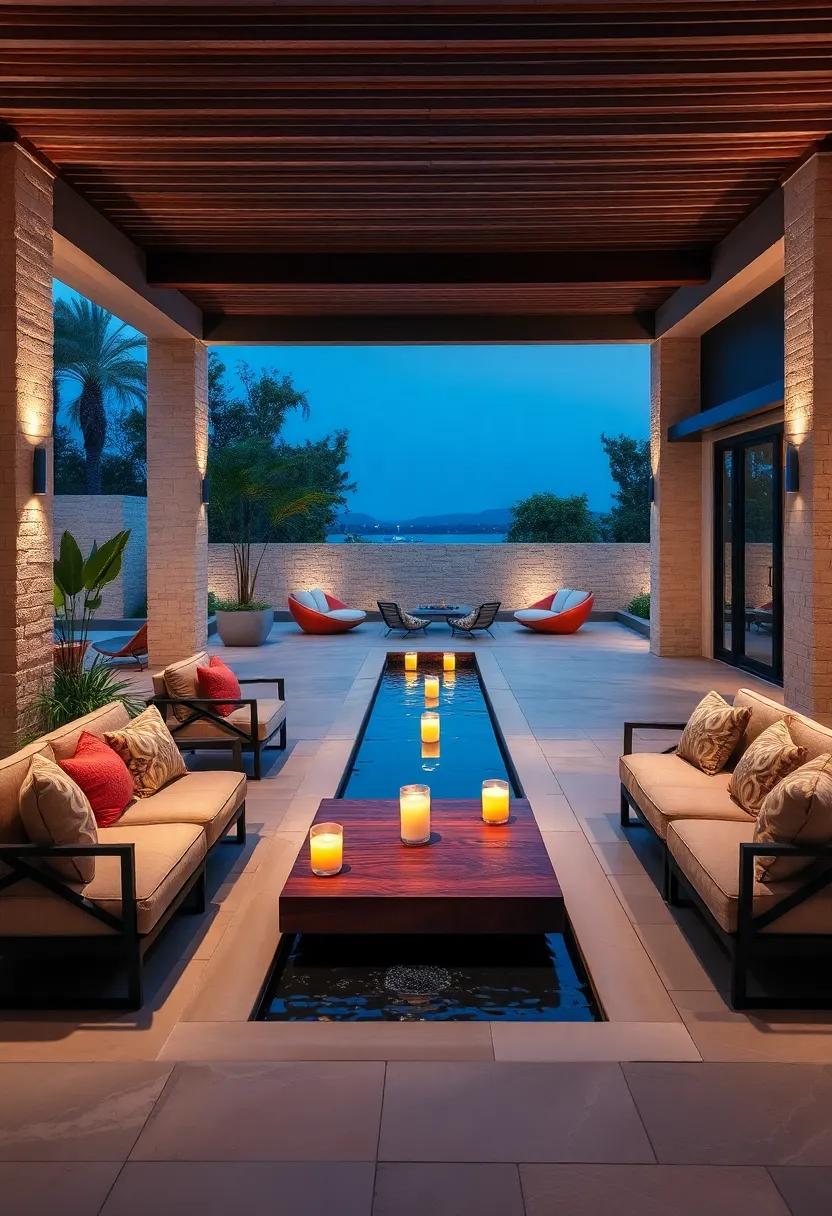Sophisticated Outdoor Lounge Overlooking A Sleek Water Channel With Floating Candles And Plush Seating