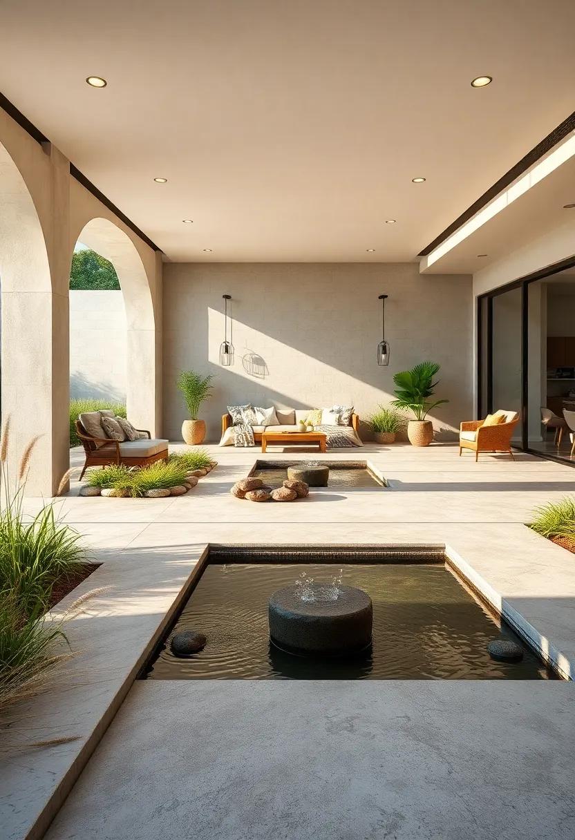 Wide Open Patio With Multiple Small Water Features Interspersed Among Wild Grasses And Flower Beds