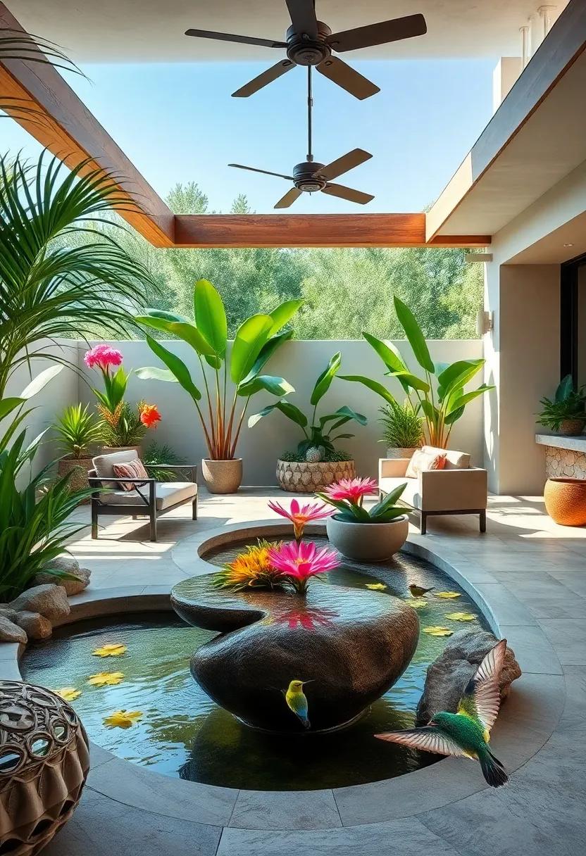Tropical Patio Retreat Featuring A Lagoon-Style Water Feature With Vibrant Flora And Hummingbirds
