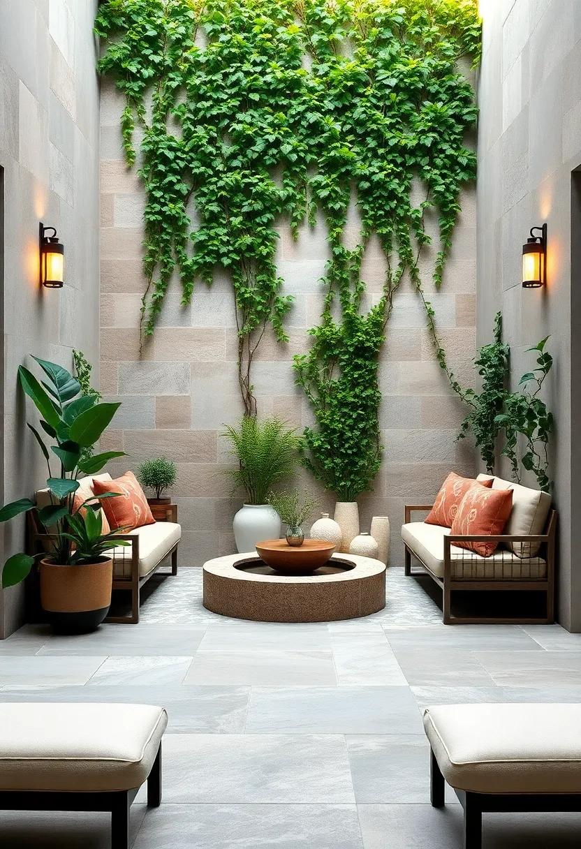Cozy Intimate Patio Nook Framed By Ivy Walls With A Small Circular Water Feature And Cushioned Benches
