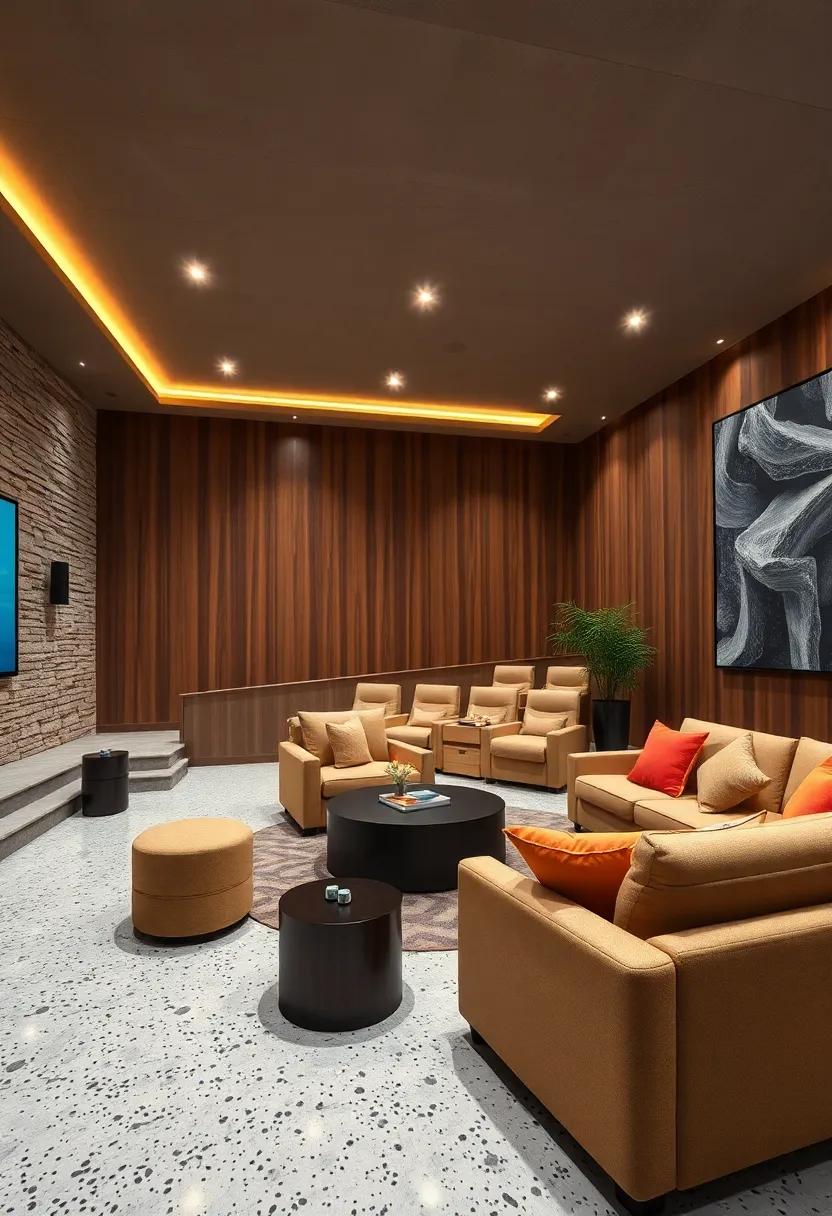 Depict Warm Wood Accents Contrasting with Cool Terrazzo Floors for Inviting Theater Atmospheres